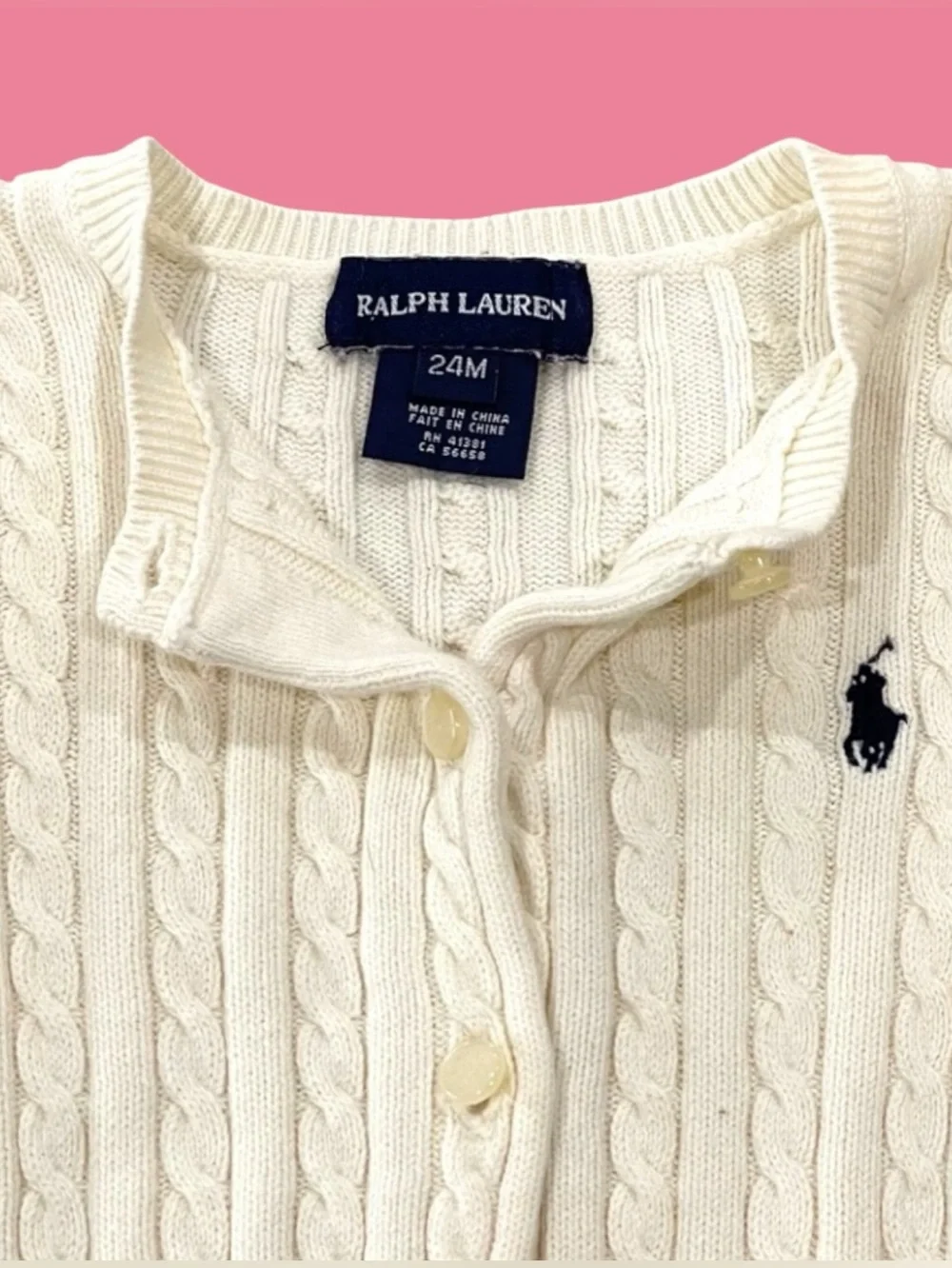 Ralph Lauren Size 24M Girls Off-White Button Front 100% Cotton Cardigan